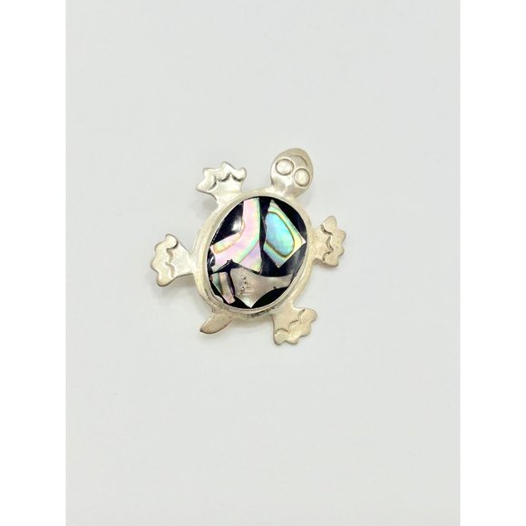 Vintage Alpaca Silver Mexico Turtle Pin Brooch with Abalone Shell & Stone Inlay - Picture 2 of 7